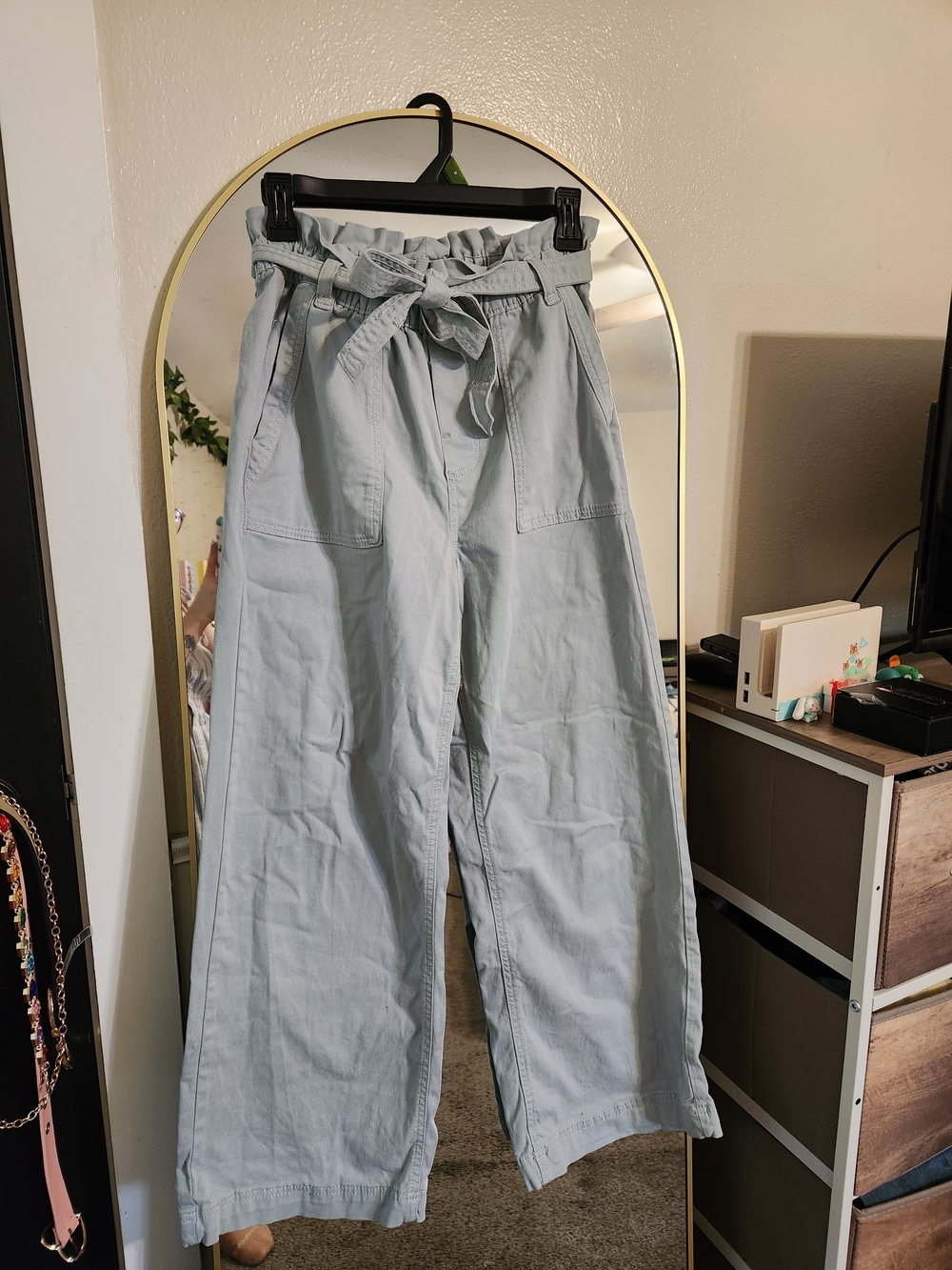 Light Blue Green High-Waisted Paperbag Waist Wide Leg Pants
